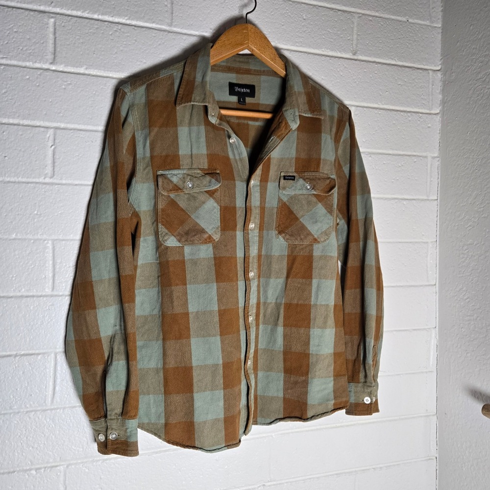 Brixton Mens Bowery Flannel Shirt Plaid Cotton Brown Sage Multicolor Fall Warm L